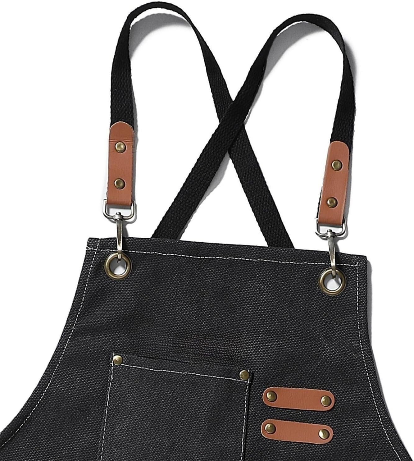 Chef Apron Medium-Thick Cotton Canvas,Cross Back with Multiple Pockets Adjustable Work Apron for Men and Women (Black)