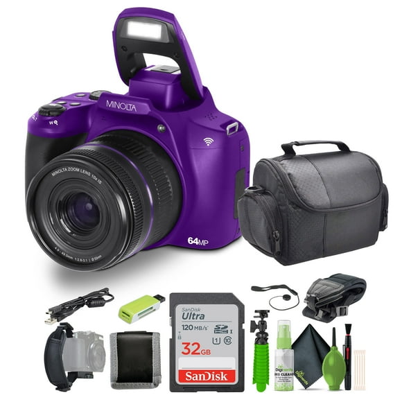 Minolta MNB10Z 64 Megapixel Auto Focus Digital Camera with 10x Optical Zoom, 4K Ultra HD Video Bundle Purple