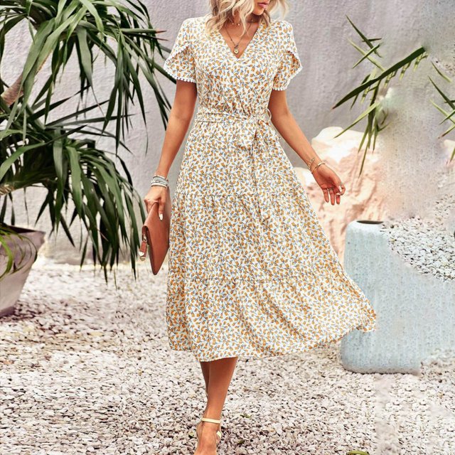 IDALL Robes d'Été, Robe Florale Femmes 2023 Été Décontractée Manches Courtes à Volants Col en V Taille Élastique Smockée Robe Midi Caractéristiques : Robes Décontractées, Robes Petites, Robes Mode Robe Blanche TG