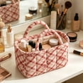 thumbnail image 3 of Cadancy Storage Basket Makeup Organizer with Handle Quilted Cosmetic Caddy Divided Compartments Portable Vanity Bathroom Bedroom Organizer for Toiletries Skincare Supplies, 3 of 9