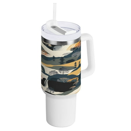 

40 Oz Car Handle Water Bottle 10.8x3.85 Inch Handle And Straw Travel Water Bottle Reusable Stainless Steel Water Bottle Mountains and Rivers