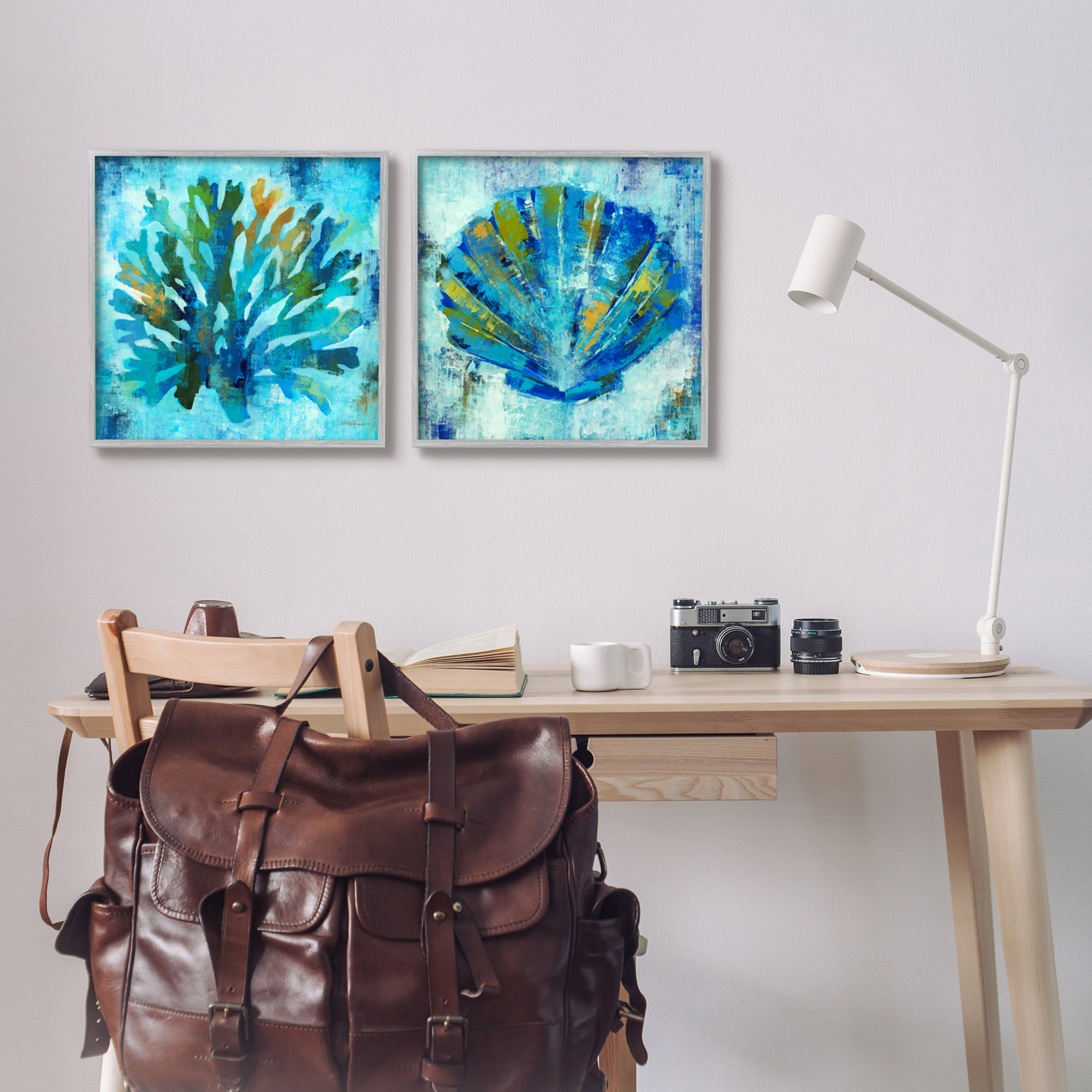 Stupell Industries Blue Sea Life Abstraction Animals & Insects Painting Gray Framed Art Print Wall Art, 17 x 17, Set of 2