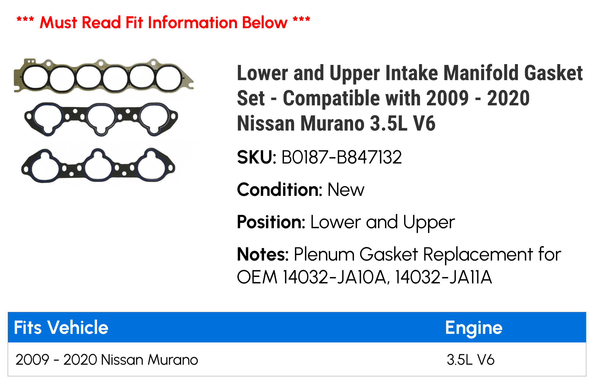 Lower and Upper Intake Manifold Gasket Set - Compatible with 2009 - 2020 Nissan Murano 3.5L V6 2010 2011 2012 2013 2014 2015 2016 2017 2018 2019