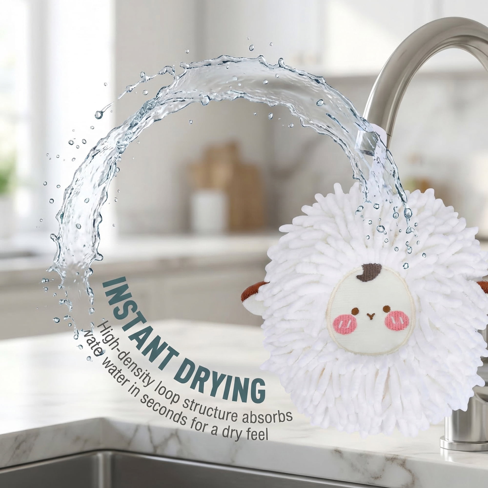 Unique Bargains Cute Sheep Chenille Hanging Hand Towel for Bathroom White/Pink 6" x 6"
