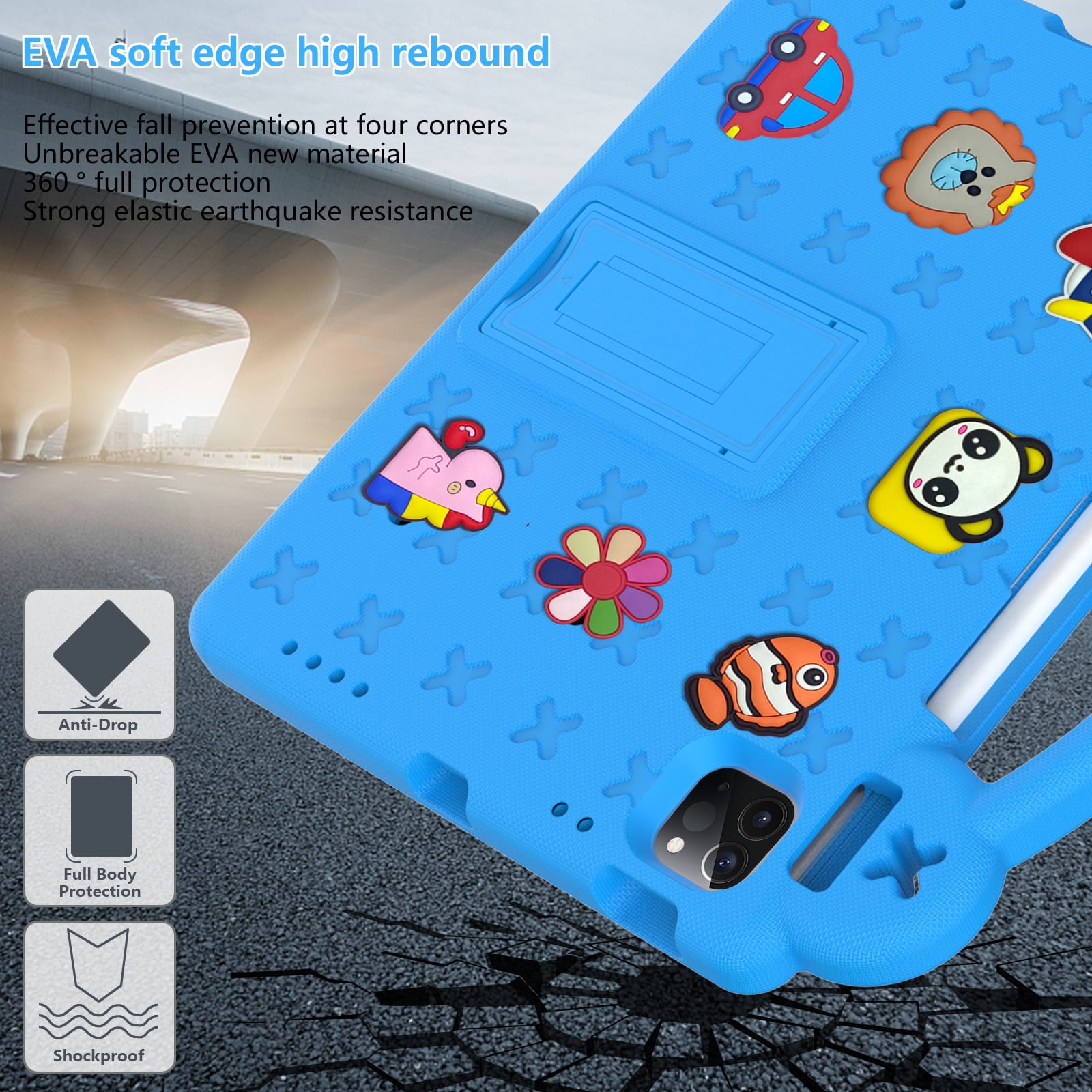 Cartoon Handle Case for iPad 10th Gen 10.9" 2022 Case, EVA Foam Cute Pattern with Pencil Holder Kickstand Cute Shockproof PC Case for Apple iPad 10th Gen 10.9" 2022 , Skyblue