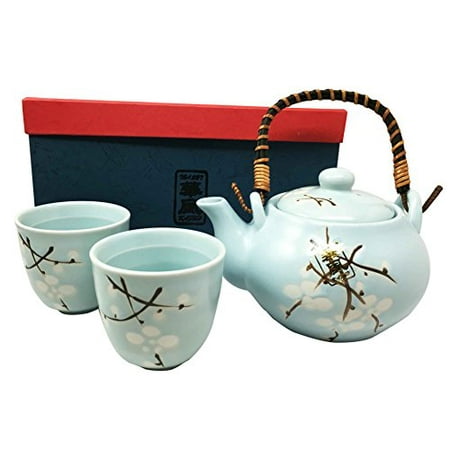 - Japanese Design Sky Blue Cherry Blossom Sakura Tea Pot and Cups Set Serves 2 Beautifully Packaged in Gift Box Excellent Home Decor Asian Living