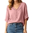 thumbnail image 4 of Zynoxe Womens Casual Cotton Linen Tops for Daily Wear Solid Color Button V-neck Short Sleeve Tops Peasant Gauze Loose Versatile Plus Size Tops Pink XL, 4 of 8