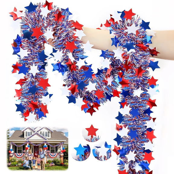 Amaopus 8 Pack 4th of July Garland Decorations, 52.5Ft Red White and Blue Patriotic Tinsel Garlands, USA 250th Anniversary Independence Day for  Party Table, Yard Door, Indoor Outdoor Holiday Home