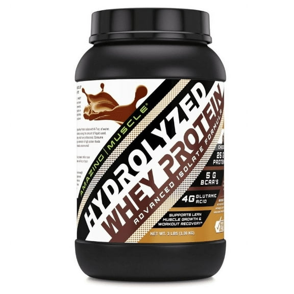 Amazing Muscle Hydrolyzed Whey Protein Isolate 3 Lbs Powder Supplement | Chocolate Flavor | 44 Serving | 1 Scoop 31g | Non-GMO | Gluten-Free |