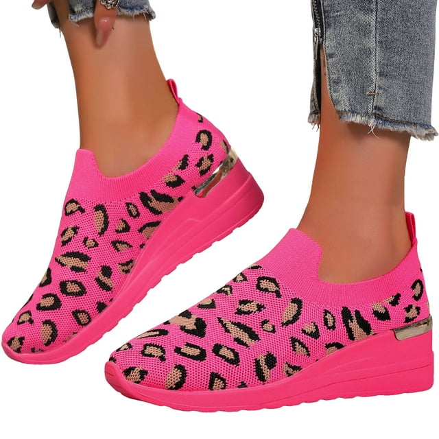 Chaussures de Marche à Enfiler à Talon Compensé Léopard pour Femmes, Confortables, en Maille Tissée Aérée, Plateforme, Mocassins, Espadrilles de Travail