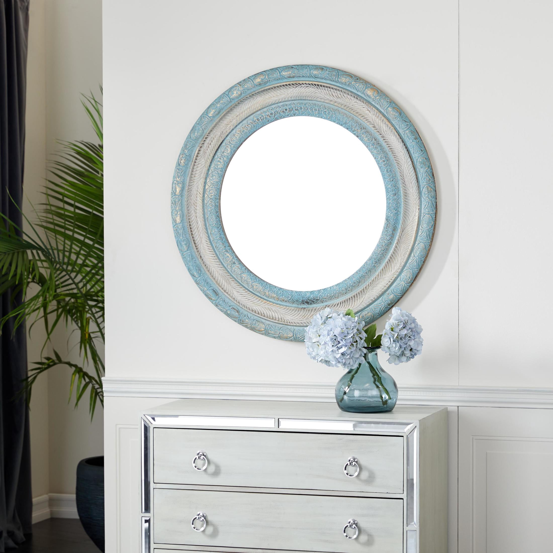 DecMode 36" x 36" Blue Distressed Carved Floral Wall Mirror with Gold and Beige Accents