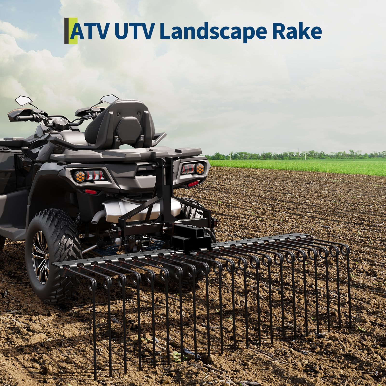Heavy Duty Landscape Rake Attachment – 48 Inch Steel Pine Straw Rake with Durable Spring Tines, 2 Inch Receiver, Ideal for Hay, Pine Needles, and Lawn Care, Black | 48 inches