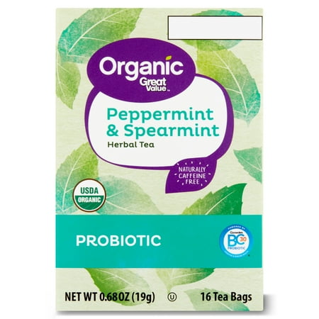 Great Value Organic Peppermint & Spearmint Probiotic Herbal Tea, 0.68 oz, 16 Count