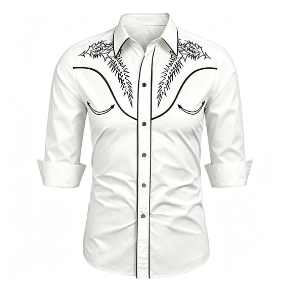 IWRICH Men's Western Shirts Long Sleeve Graphic Printed Cowboy Shirts Casual Button down Tops White XL