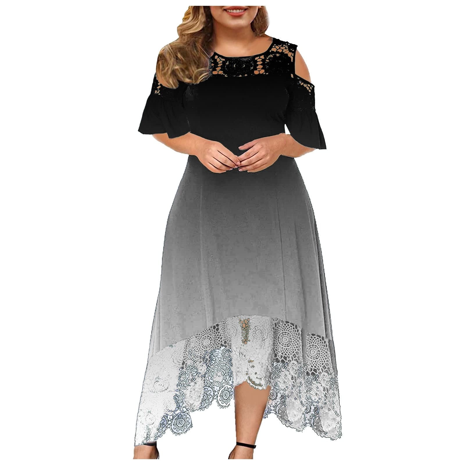 women Plus Size Scoop Neck Printed Sexy Lace Short Sleeve Dress Lace ...