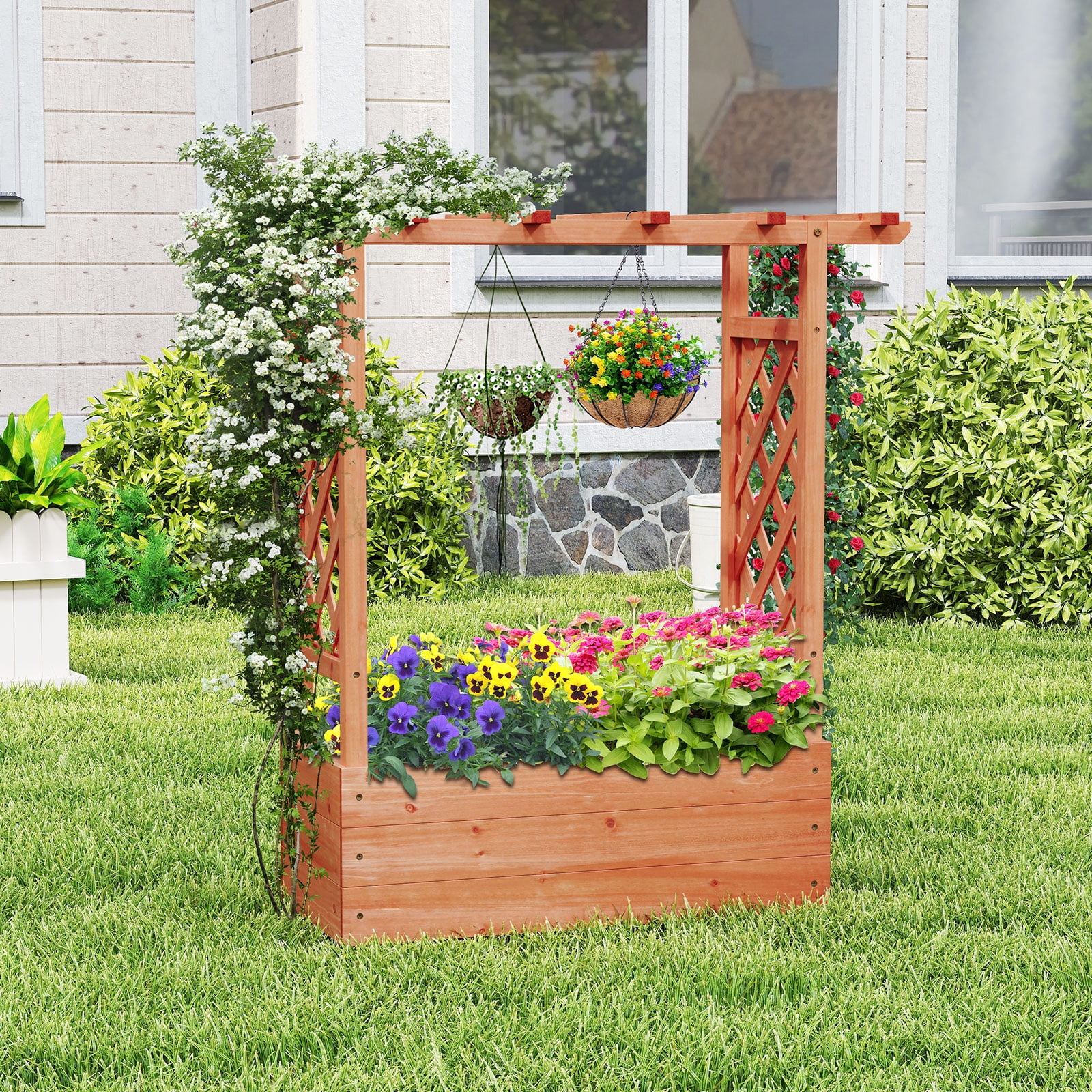 Patiojoy Raised Garden Bed with Trellis Indoor & Outdoor Planter Box with Top & Side Trellis Drainage Holes Elevated Feet for Vine Climbing Plant