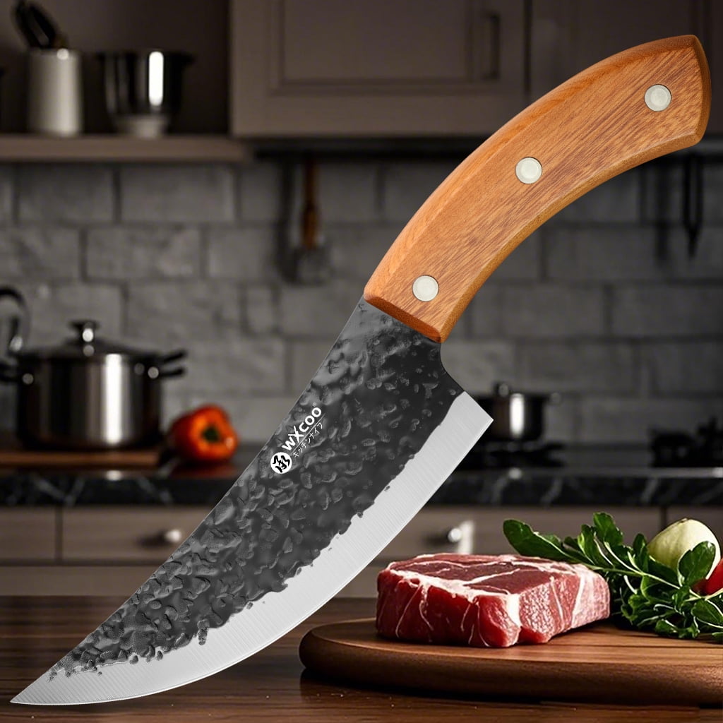1/2pcs Hand Forged Meat Boning Knife, High Carbon Steel Full Tang Cleaver with Wood Handle, Ultra Sharp Kitchen Butcher Knife with Sheath