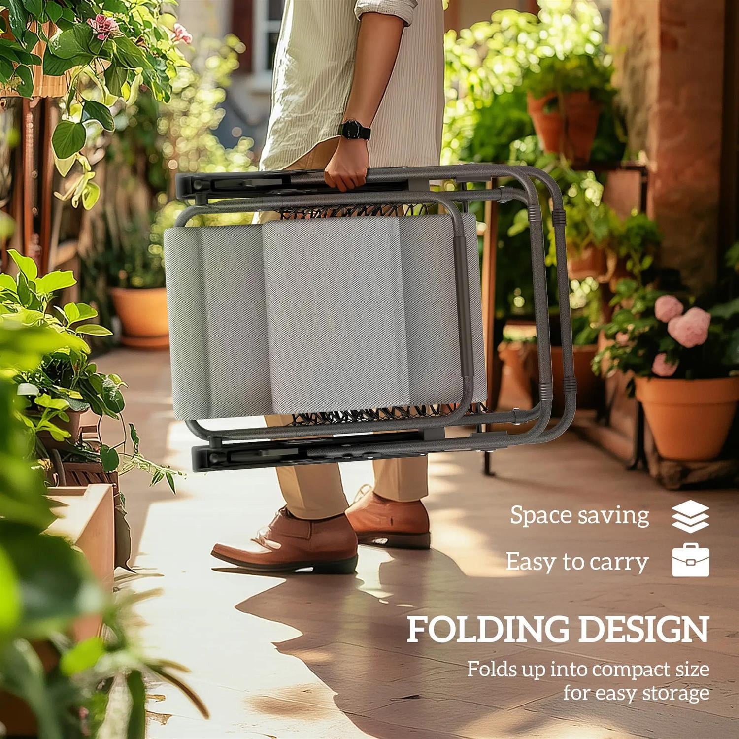 Demi Bonn Zero Gravity Lounge Chair Set, 2 Pieces Reclining Folding Outdoor Lounge Chairs with Headrest Side Tray for Porch, Balcony, Poolside, Gray