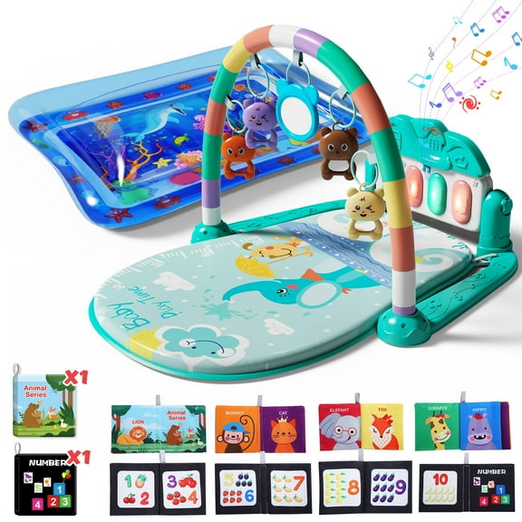 WonderStone 2 in 1 Baby Gym Playmat, Tummy Time Water Mat with 2 Cloth Books/ 5 Infant Sensory Baby Toys & Play Piano, Boys and Girls Newborn Baby Gift 0-12 Month (Green)