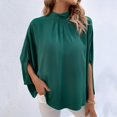 thumbnail image 2 of Blusa casual para mujer Top con lazo en la espalda Media manga Cuello alto Color puro Blusa holgada Jersey Verde oscuro XL, 2 of 7