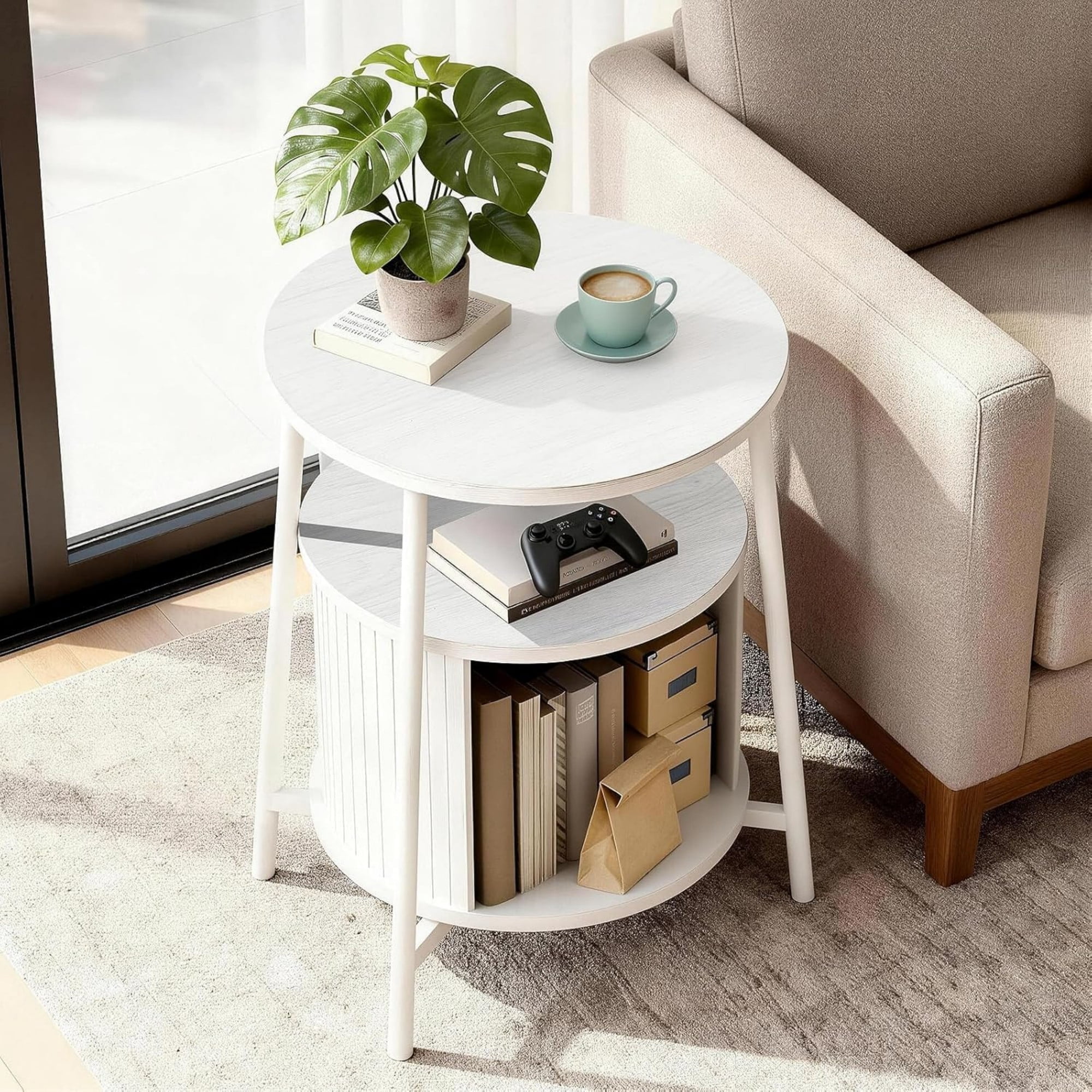 Round End Table with Charging Station, Fluted Side Table with Sliding Door, Mid Century Modern Nightstand for Bedroom & Living Room, White