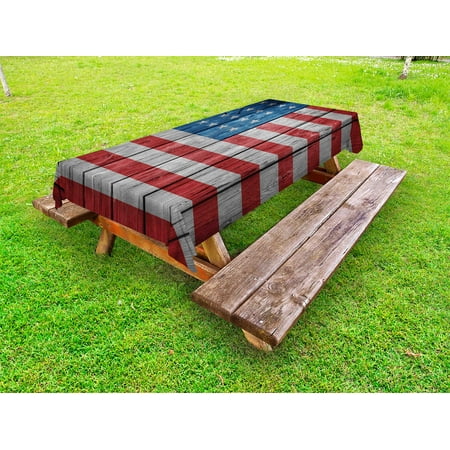 

USA Outdoor Tablecloth Fourth of July Independence Day Retro Worn Wooden Looking Democracy Symbol Decorative Washable Fabric Picnic Table Cloth 58 X 84 Inches Blue Red Pale Grey by Ambesonne