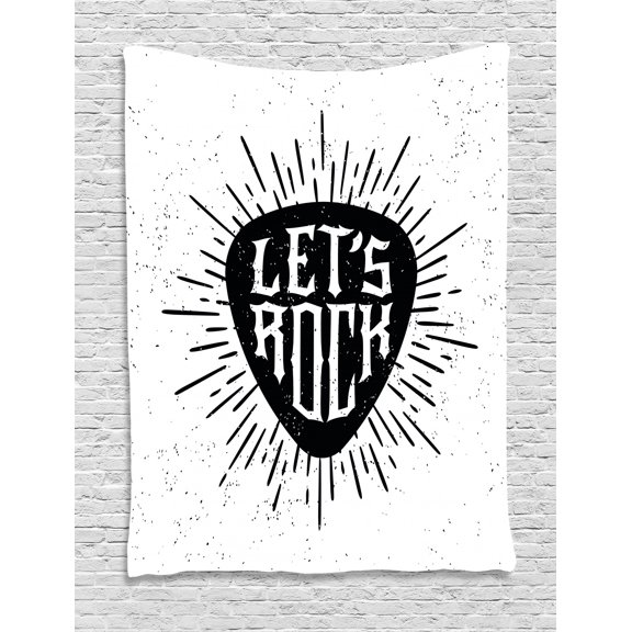 Rock Music Tapestry, Lets Rock Quote Monochrome Arrangement Hipster Lined Design Dotted Pattern, Wall Hanging for Bedroom Living Room Dorm Decor, 60W X 80L Inches, Black White, by Ambesonne