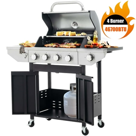 4 Burner Propane Gas Grill, Stainless Steel Barbecue Grill with Side Burner and Thermometer, 46,700BTU Outdoor BBQ Camping Grill