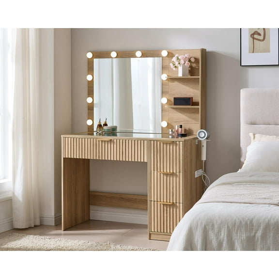Merluxy 36.2" Girls Vanity Desk with Mirror and Adjustable LED Lights, 4 Drawers Makeup Table with Glass Top and Charging Station, Oak