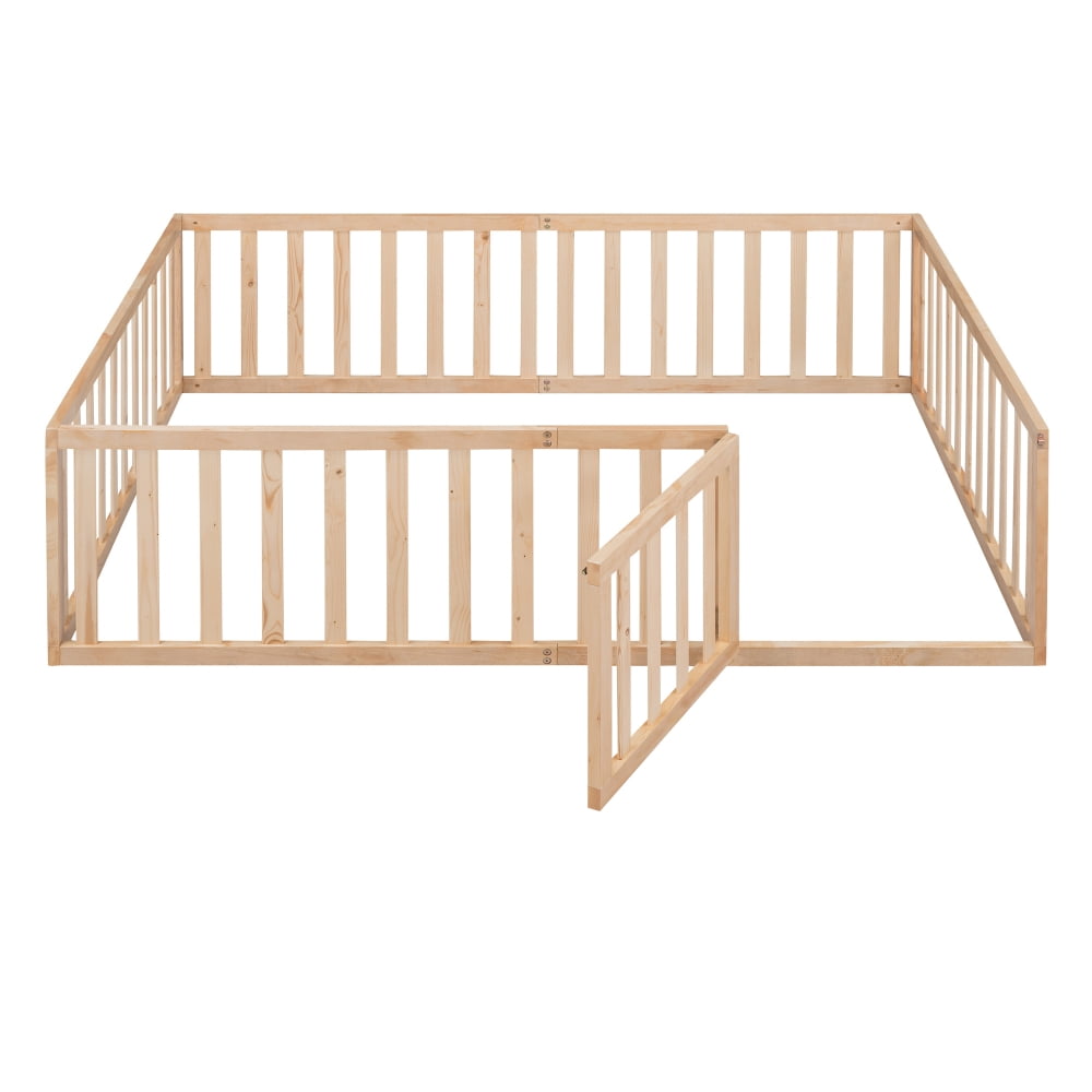 Full Size Floor Bed Frame for Kids, Solid Wood Montessori Bed Frame with Fence Rail and Door, Montessori Floor Bed Wood Full Bed Frame for Boys and Girls, Natural