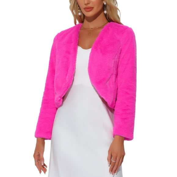 CHAQUETA CORTA ABIERTA INSPIRADA EN CHIC para Mujer, Bolero de Piel Sintética de Manga Larga, Abrigo de Invierno, Color Rosa Fucsia