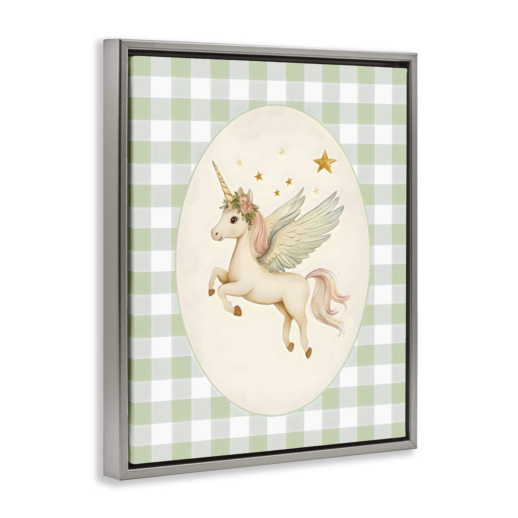 Stupell Industries Winged Unicorn over Green Gingham Gray Framed Floater Canvas Wall Art, design by Arlington Prints