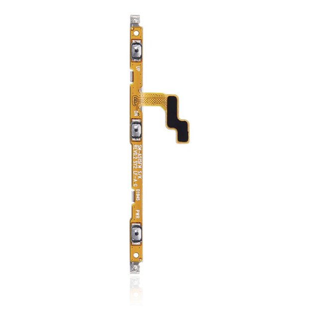 Esource Parts Samsung Galaxy A51 A71 Power Volume Button Flex Cable Replacement displayed in a close-up view. The gold-colored flex cable includes button connectors and intricate circuit details, designed for Samsung Galaxy A51 4G (A515) and Galaxy A71 (SM-A715W) models. Ideal for fixing broken or unresponsive power and volume buttons, this cell phone replacement part ensures restored functionality. Professional installation is recommended.