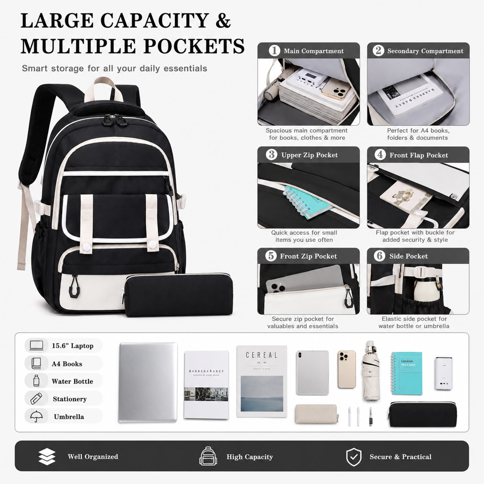 Women's Backpack - 18" Black and White Large Capacity Casual Backpack, Nylon Material, Multiple Compartments, Adjustable Shoulder Straps, Basic Backpack with Coin Pocket