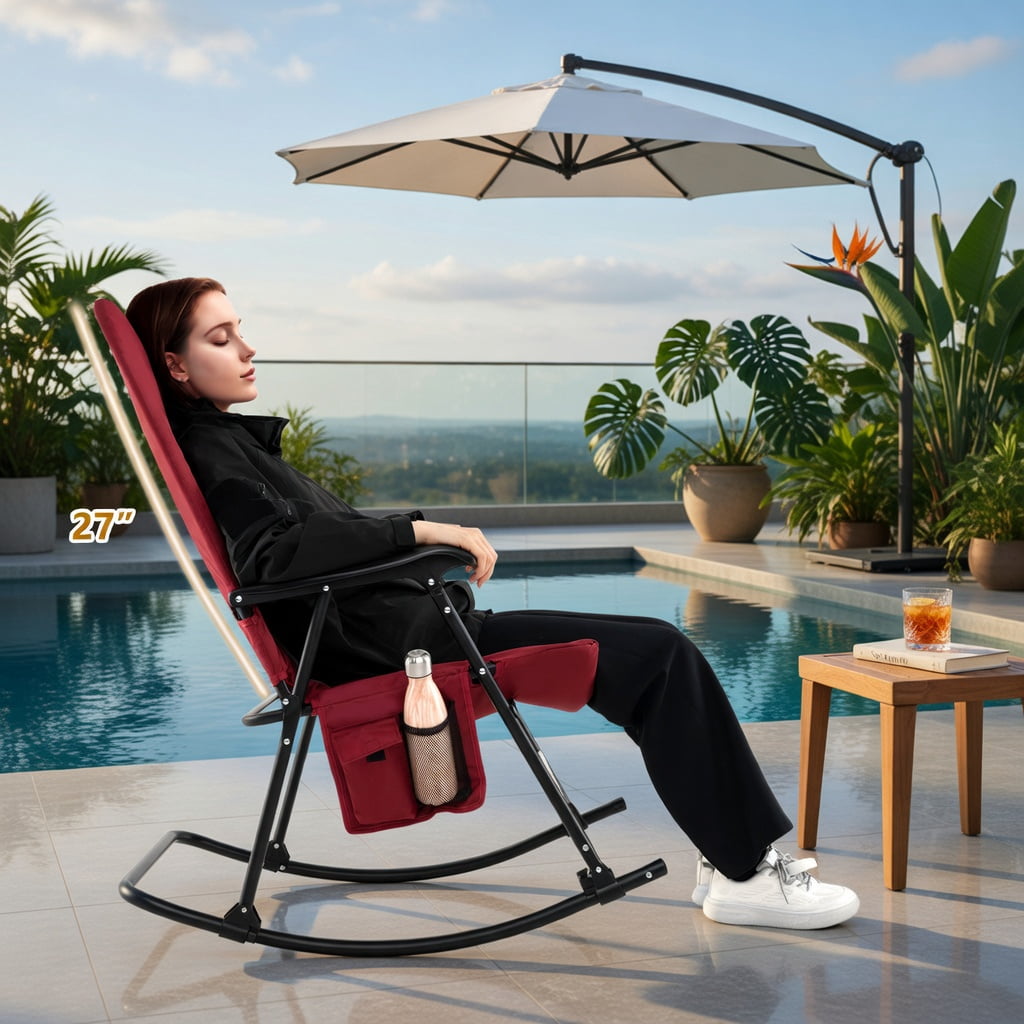 Hommoo Foldable Rocking Camping Chair with Padded Backrest, Armrests & Cup Holder, Outdoor Patio Lawn Chair, Red
