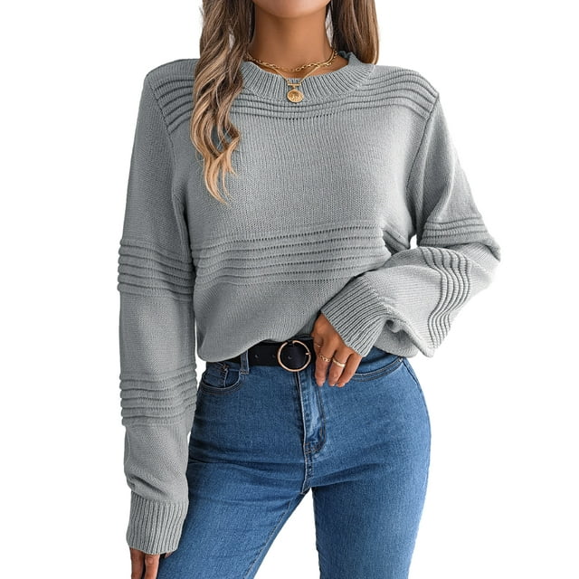 ZAXARRA Women's Fall Sweaters Long Sleeve Crew Neck Solid Color Pullover Casual Ribbed Knit Tops