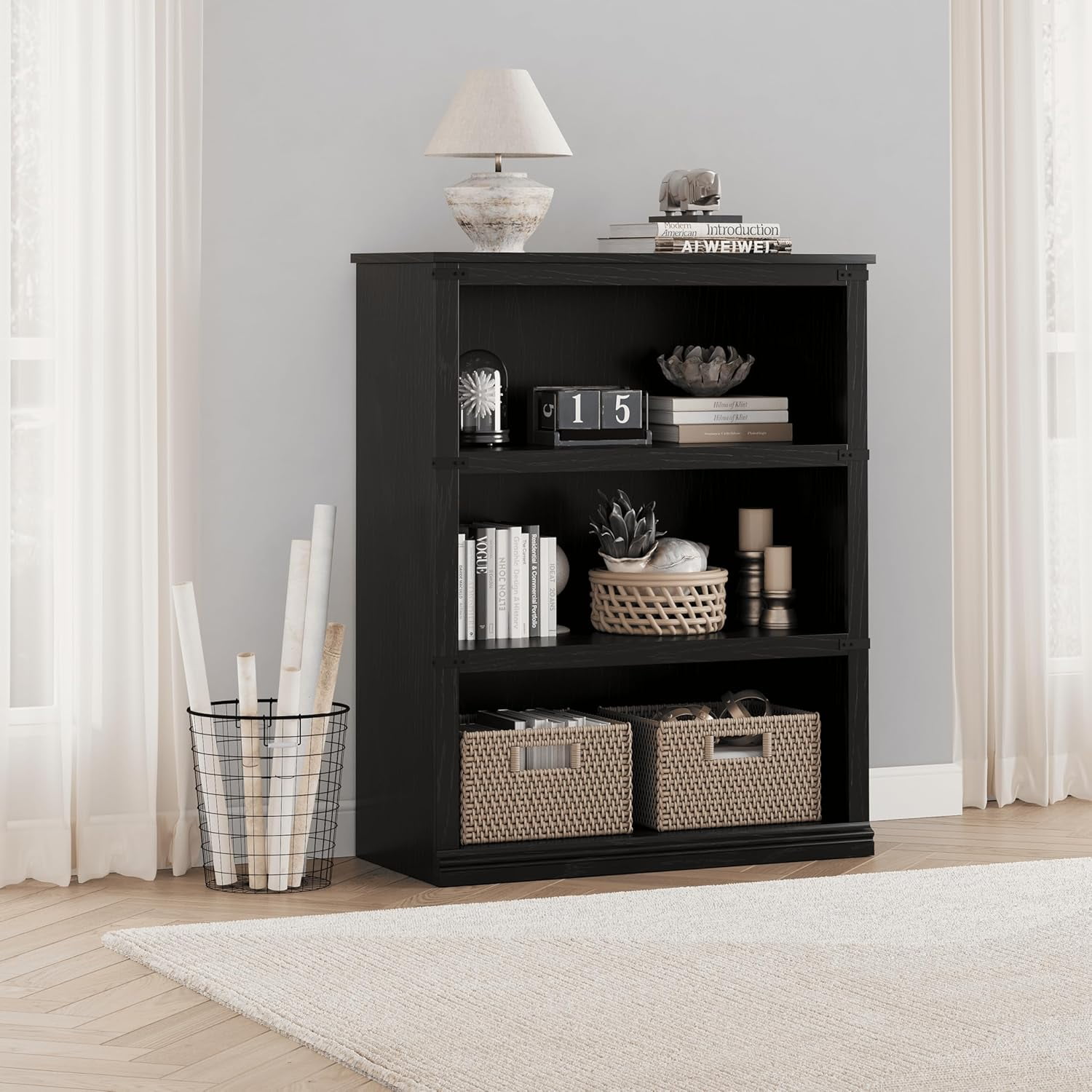 5 Tier Farmhouse Bookcase, 67.4" Tall Book Shelf with Storage, Wooden Bookshelves 5 Shelf Display Shelves for Home Office(67.4" H x 31.5" W x 12.8" D) (Black, 40.0" H x 31.5" W x 12.2" D)