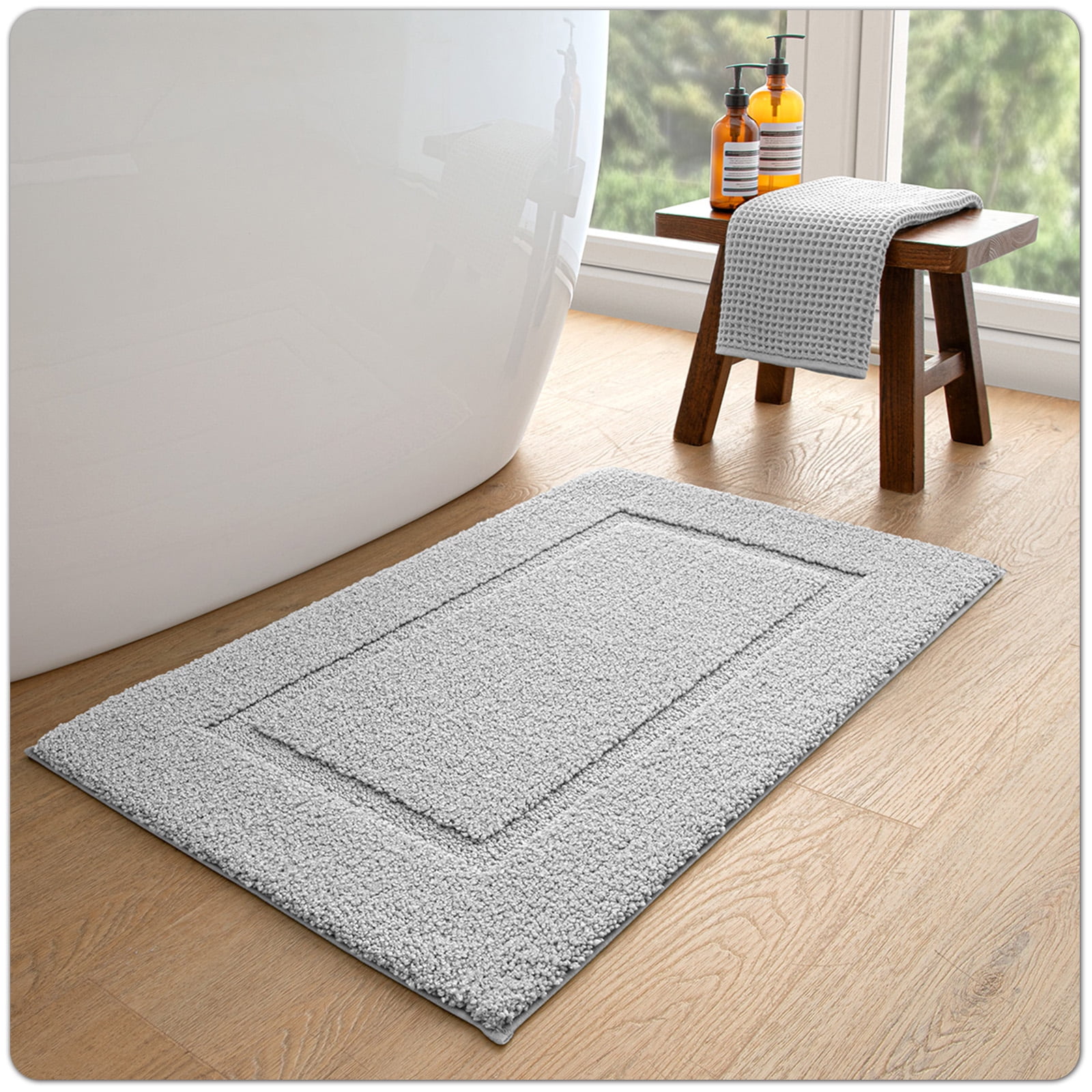 OEAKAY Traditional Shag Bath Mat, Light Gray Soft Microfiber Bathroom Rug for Bathroom Floor, 16"x24", Machine Washable, Super Absorbent and Non-Slip