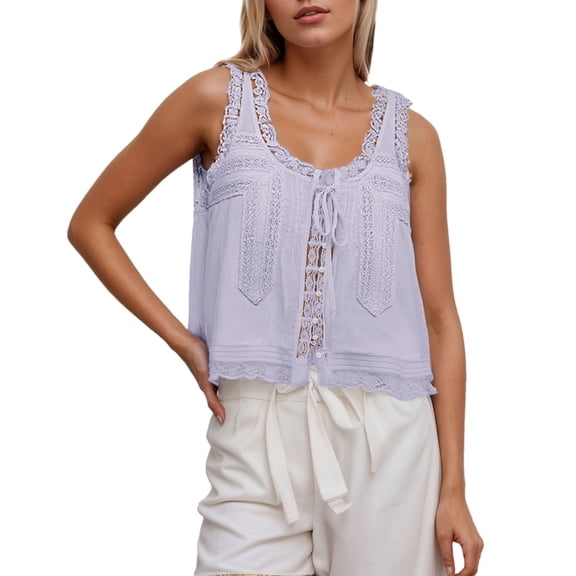 WEIWEN Womens Tank Tops Ruffled Sheer Lace Sleeveless Going Out Tops for Women Summer Tie Front Scoop Neckline Cropped Vest Shirts Women's Clothing Light Purple, S
