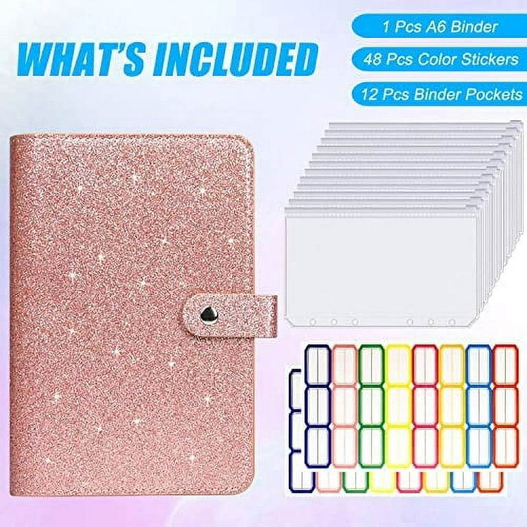  DMluna A6 Budget Binder, PU Leather Money Organizer for Cash  Bills Coupon, Planner Book Notebook Cover with 12 Zipper Envelopes for  Budgeting Expense Saving, with 48 Label Stickers, Glitter Rose 