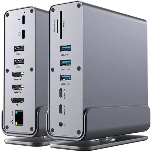 Vertical Laptop Docking Station 3 Monitors, 15-in-1 USB C Dock Station Hub Triple Display with 2X 4K HDMI & 1x DP, 10Gbps USB-C and USB-A 3.2 Data, 100W PD Charging Ethernet SD/TF Audio
