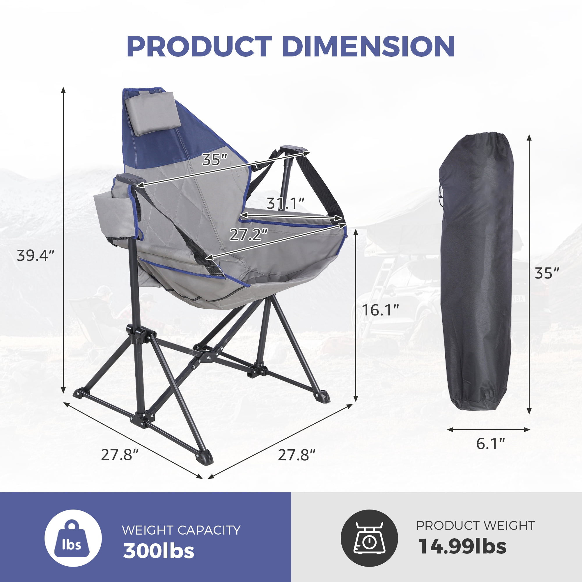 Hammock Camping Chair,Adjustable Backrest,Portable Folding,Detachable Cup Holder,Durable Fabric,Supports up to 300lbs