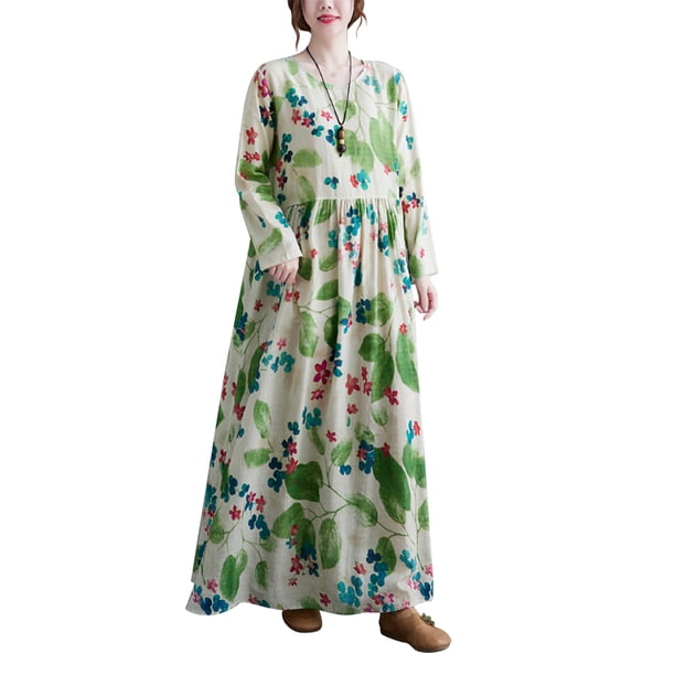 Vestido Irfora Vestido suelto de mujer Vintage estampado manga larga cuello redondo cintura alta Casual vestido de vacaciones Irfora Vestido