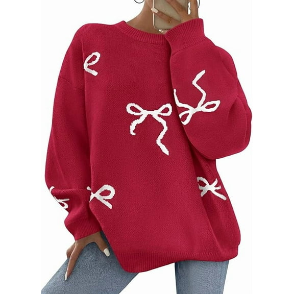 PRETTYGARDEN Fall Long Sleeve Pullover Sweaters for Women Trendy Crewneck Casual Cute Bow Chunky Knit Oversized Sweater