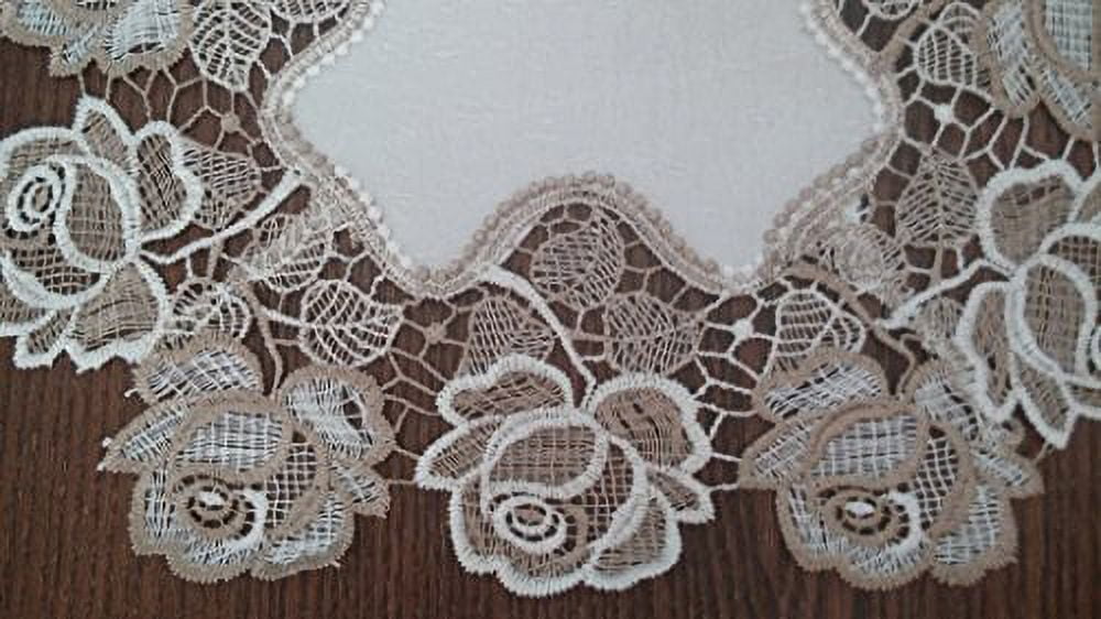 Doily Boutique Table Runner with Cocoa and Antique White Lace and Antique Fabric, Size 52 x 16 inches