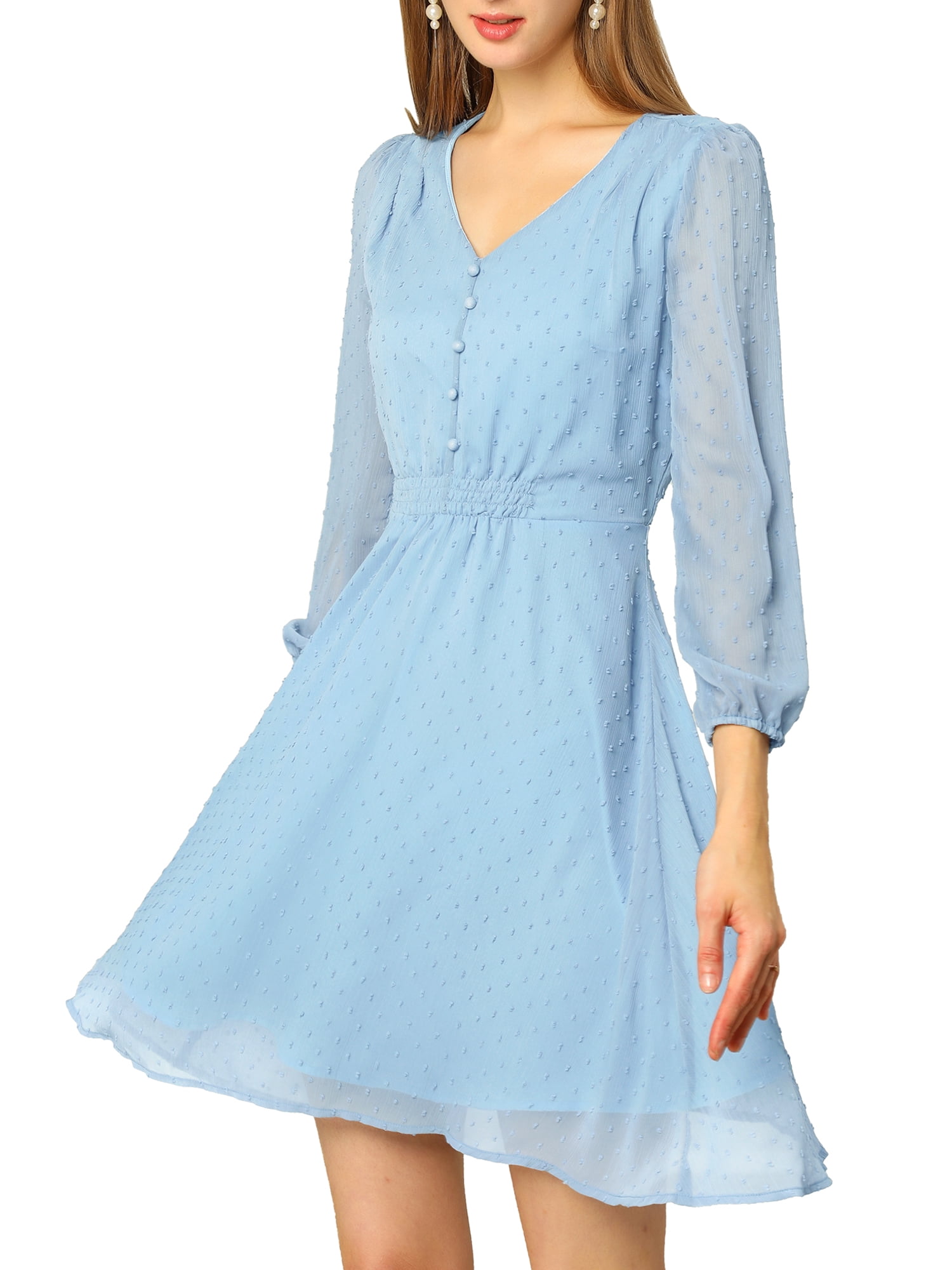 DARING DIVA Chiffon Spring V Neck 3/4 Sleeve Flowy A-line Dress S Blue