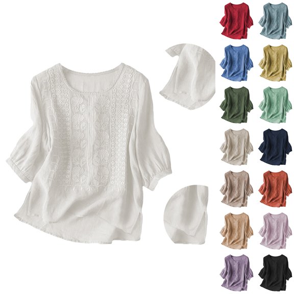 Women Casual Solid Color Pleated Cotton Linen Tops Shirts And T Shirt Set