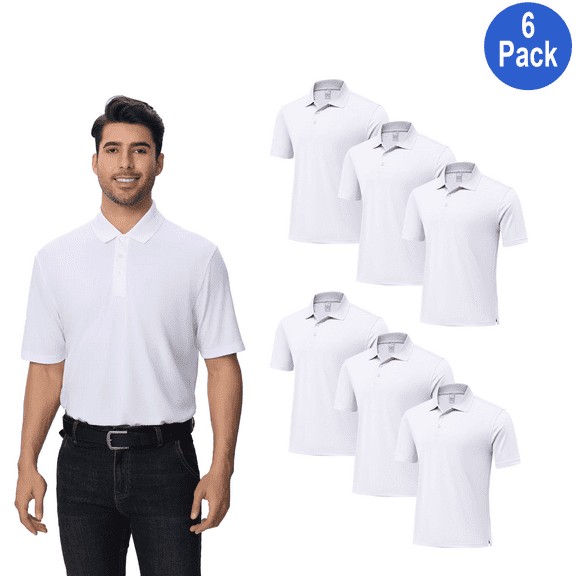 Zfeel Men's High Performance Pure Dry Fit Polo T-Shirt, Short Sleeve, White, Polyester, S, 6 Pack