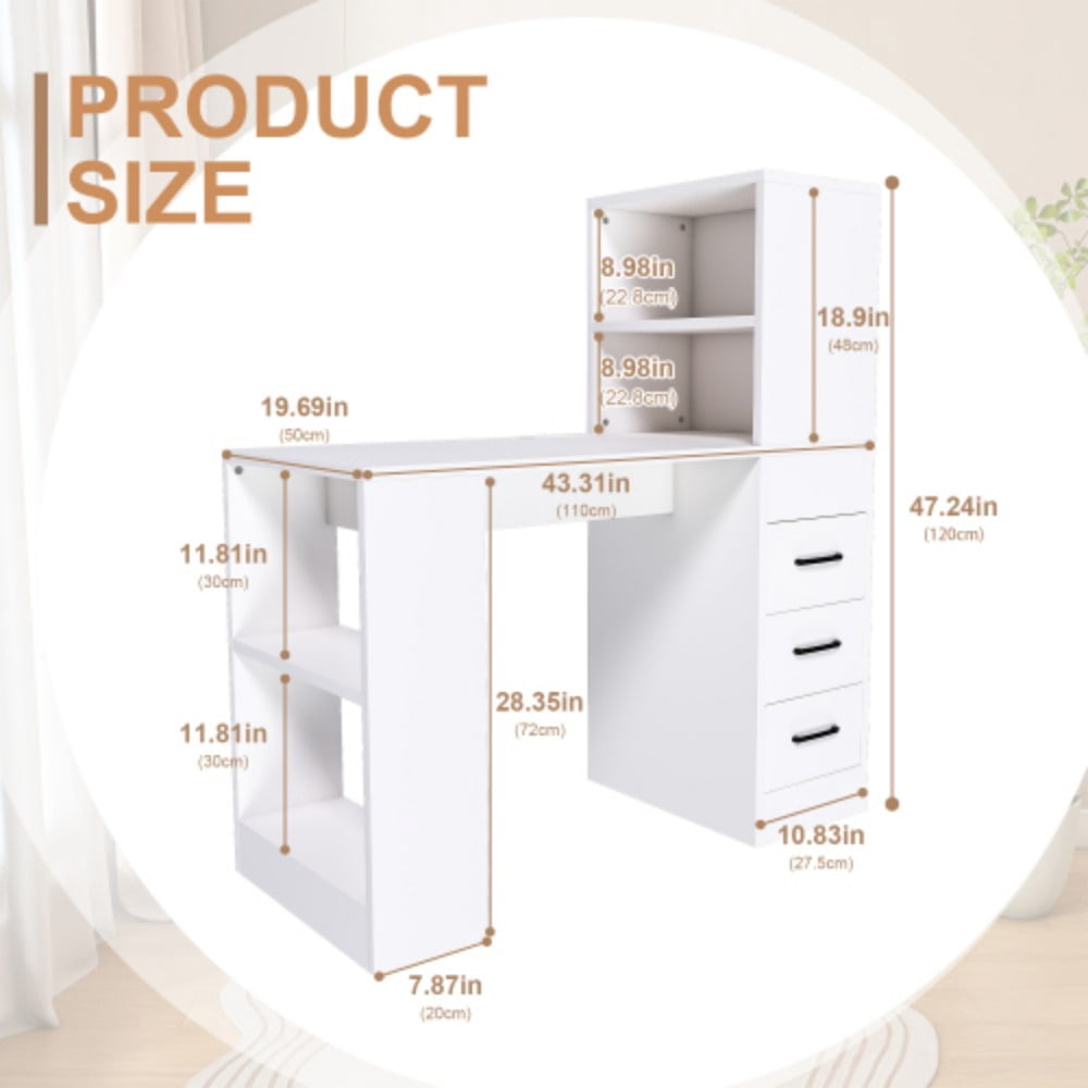 Computer Desk with 4-in-1 Charging Station, 3 Drawers & 4-Tier Storage, Modern Wooden Writing Desk for Home Office, Study & Gaming, White