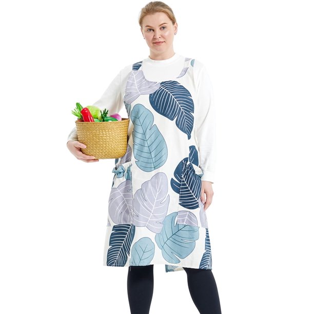 Apronner Delantales Grandes De Tamaño Grande Para Mujer Con Bolsillos De Algodón Y Lino Para Hornear Cocina, Hoja De Plátano